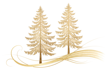 Two golden pine trees with flowing abstract ribbons and swirls isolated on transparent background