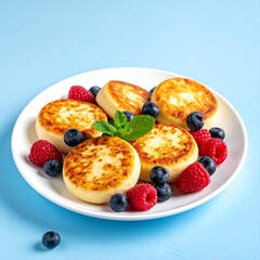 Plate of golden-brown pancakes with berries and mint