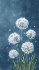 Obraz premium Captivating Dandelion Dream: An Artistic Exploration of Delicate Flowers and Whispering Seeds in a Serene Blue Background