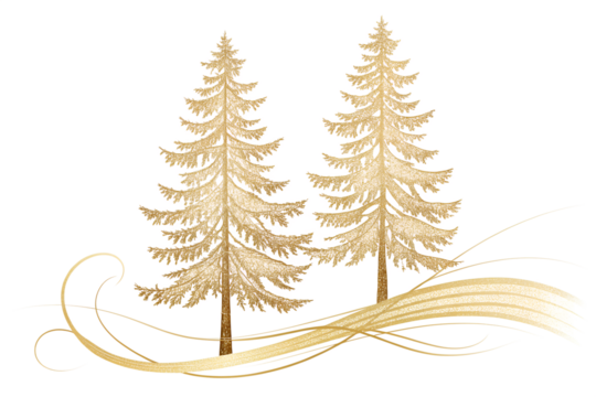 Two golden pine trees with flowing abstract ribbons and swirls isolated on transparent background