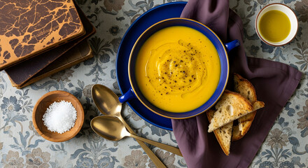 Cozy autumn healthy food: Creamy golden soup with rustic bread, old books, and spices on a vintage table.