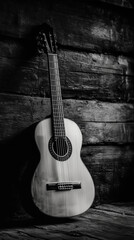 Obraz premium A white guitar is leaning against the wooden wall , black and white photo , musical mood.