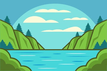 Fototapeta premium Serene lake surrounded by green hills and pine trees under a cloudy sky