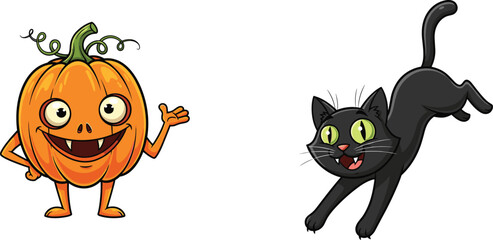Cartoon pumpkin character with fangs and cheerful black cat jumping playfully, fun spooky Halloween illustration for kids seasonal festive design