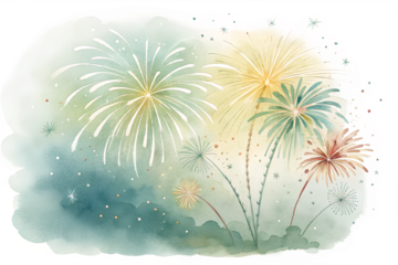 Watercolor fireworks exploding in a soft pastel palette with sparkling stars isolated on transparent background
