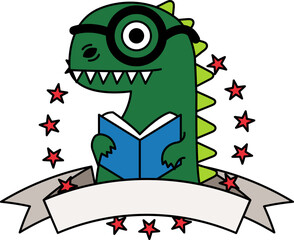 logotype of A dinosaur is reading a book