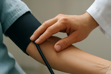 Obraz premium A healthcare professional measures a patient’s blood pressure, focusing on the precise touch over the arm cuff, capturing realistic skin textures and calm clinical atmosphere.