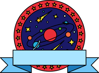 logotype of a circle with stars and planets