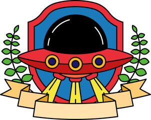 logotype of A shield with a spaceship on it