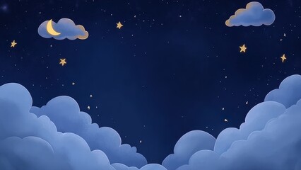 Dreamy night sky filled with glowing stars and fluffy clouds, perfect for lullabies and bedtime stories