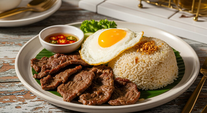 Delicious and Traditional Filipino Silog Breakfast with Sunny-Side-Up Egg and Beef