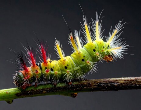 A vibrant, spiky caterpillar rests on a thin twig against a dark background. Its body is vividly colored with green, red, and yellow hues