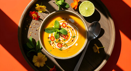 Delicious and Vibrant Soup: A Culinary Delight with Fresh Herbs and Garnishes