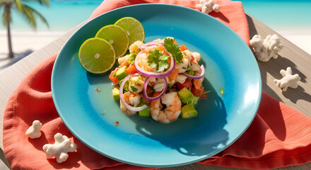 Delicious and Vibrant Shrimp Ceviche Displayed Elegantly on a Beach-Side Table