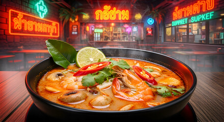 Delicious and vibrant Tom Yum soup bowl in a Thai restaurant setting with neon signs