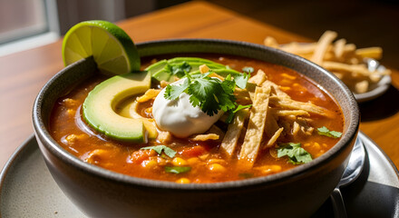 Delicious and vibrant tortilla soup with avocado lime and sour cream in a dark bowl