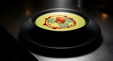 Delicious and Vibrant Yellow Soup with Chili and Herbs Garnishing in a Black Bowl