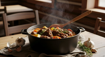 Delicious and warm beef stew in a pot, ready to be served, a perfect dinner meal
