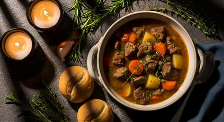 Delicious and warm beef stew served with bread rolls and candles for cozy environment