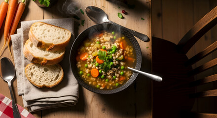 Delicious and Warm Bowl of Barley Soup with Carrots, Peas, and Bread on a Rustic Tabletop