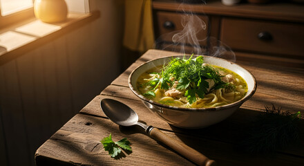 Delicious and Warm Bowl of Chicken Noodle Soup with Fresh Herbs on Wooden Table