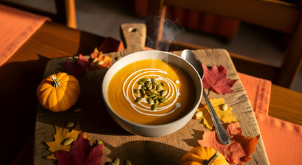 Delicious and warm pumpkin soup with seeds and cream, perfect for a cozy autumn day