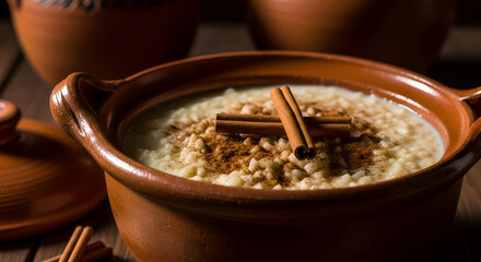 Delicious and Warm Rice Pudding with Cinnamon Sticks in a Rustic Clay Pot Close Up
