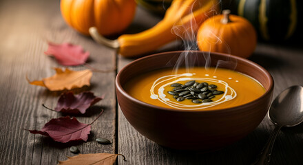 Delicious and warm pumpkin soup with seeds, perfect for autumn season and harvest