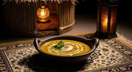 Delicious and Warm Soup Served in a Bowl with a Beautiful Warm Ambiance Around It