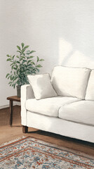 Explore the Elegance of Minimalist Living Spaces: A Cozy Couch, Lush Plant, and Perfect Decor for a Tranquil Home Ambiance