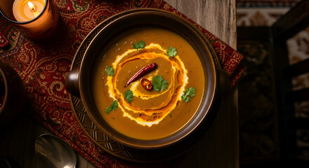 Delicious and Warm Soup Served in a Bowl with Candlelight and Rustic Atmosphere