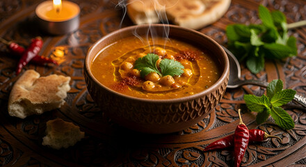 Delicious and Warm Soup Served on a Wooden Table with Various Garnishes, Perfect Dinner