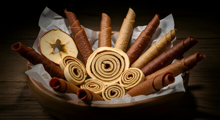 Delicious Apple Fruit Leather and Apple Slices Displayed in a Decorative Wooden Bowl