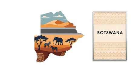 Stylized illustration of Botswana's map showcasing the country's diverse wildlife and scenic safari landscapes