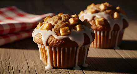 Delicious apple muffins with glaze on a wooden table, perfect for a cozy morning or snack