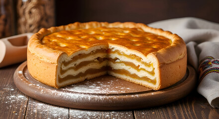Delicious Apple Pie on a Wooden Board with a Rustic and Cozy Aesthetic Look