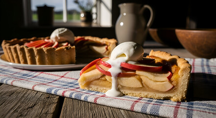 Delicious apple pie slice with ice cream and a whole pie, perfect dessert in a sunny room