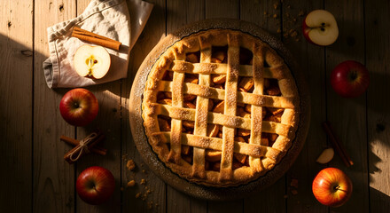 Delicious Apple Pie with Cinnamon Sticks and Fresh Apples on a Wooden Table close-up