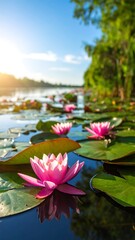 Pink water lilies bloom on a tranquil pond, sunlit against a clear blue sky