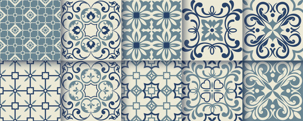 Collection of 10 flower Azulejo tiles. Seamless colorful patterns in azulejo style. Floor tile oriental collection seamless textures. Portugal spanish ceramics. Vector
