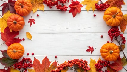 Autumn harvest frame with pumpkins colorful fall leaves and red berries on white wooden background