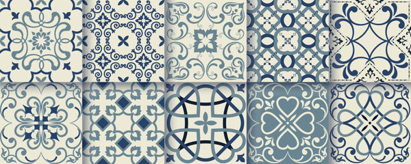Collection of 10 flower Azulejo tiles. Seamless colorful patterns in azulejo style. Floor tile oriental collection seamless textures. Portugal spanish ceramics. Vector
