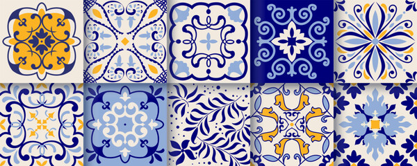 Collection of 10 flower Azulejo tiles. Seamless colorful patterns in azulejo style. Floor tile oriental collection seamless textures. Portugal spanish ceramics. Vector
