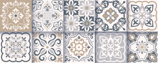 Collection of 10 flower Azulejo tiles. Seamless colorful patterns in azulejo style. Floor tile oriental collection seamless textures. Portugal spanish ceramics. Vector
