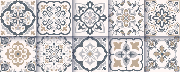 Collection of 10 flower Azulejo tiles. Seamless colorful patterns in azulejo style. Floor tile oriental collection seamless textures. Portugal spanish ceramics. Vector
