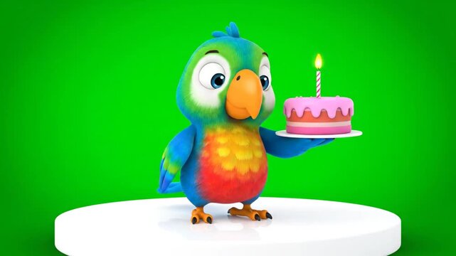 Animated Parrot Holding a Pink Birthday Cake with a Lit Candle Isolated by Green Screen Perfect for Celebration and Festive Occasions in Cartoon Style Rendered in 3D Animation with Bright Lighting