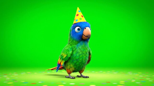 Charming Green and Blue Parrot in Birthday Hat Celebration on Vibrant Green Screen Background with Falling Confetti Animation Birthday Celebration Concept Isolated by Green Screen 3D Render