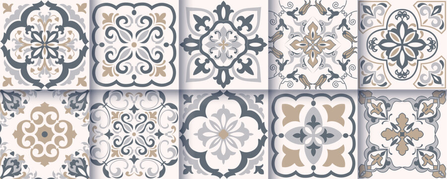 Collection of 10 flower Azulejo tiles. Seamless colorful patterns in azulejo style. Floor tile oriental collection seamless textures. Portugal spanish ceramics. Vector

