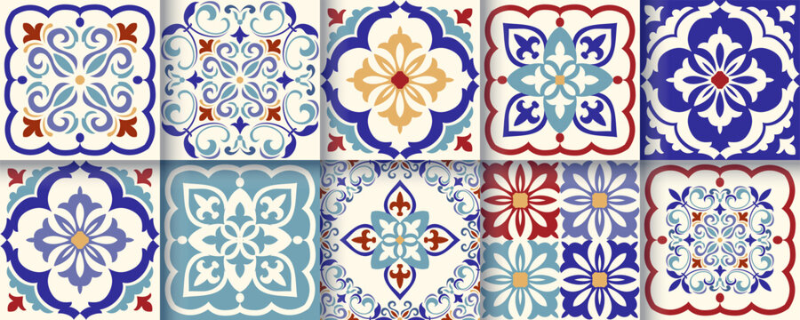 Collection of 10 flower Azulejo tiles. Seamless colorful patterns in azulejo style. Floor tile oriental collection seamless textures. Portugal spanish ceramics. Vector
