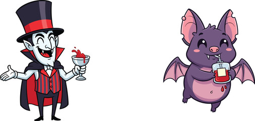 Cartoon vampire with goblet of blood and smiling bat holding glass, fun spooky Halloween illustration for kids seasonal design